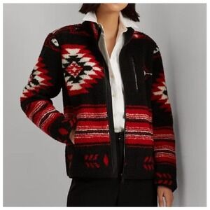 Lauren‎ Ralph Lauren Southwestern Aztec Fleece Full Zip Jacket Red Black Size S